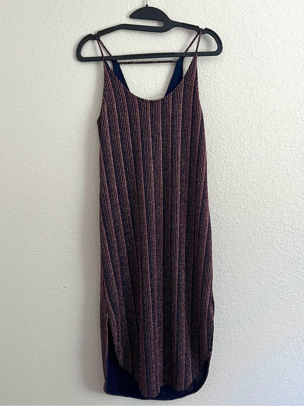 APRICOT LANE Navy & Rose Gold Glitter Striped Midi Slip Dress 10063